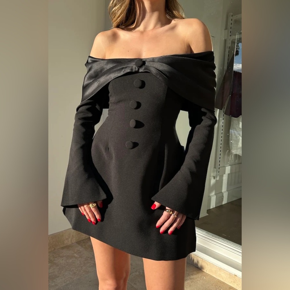 Black off the shoulder button detail long sleeve satin foldover mini dress